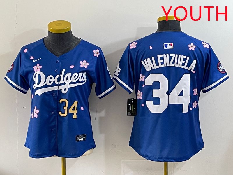 Youth Los Angeles Dodgers #34 Valenzuela Blue Sakura Edition 2025 Nike MLB Jersey style 32